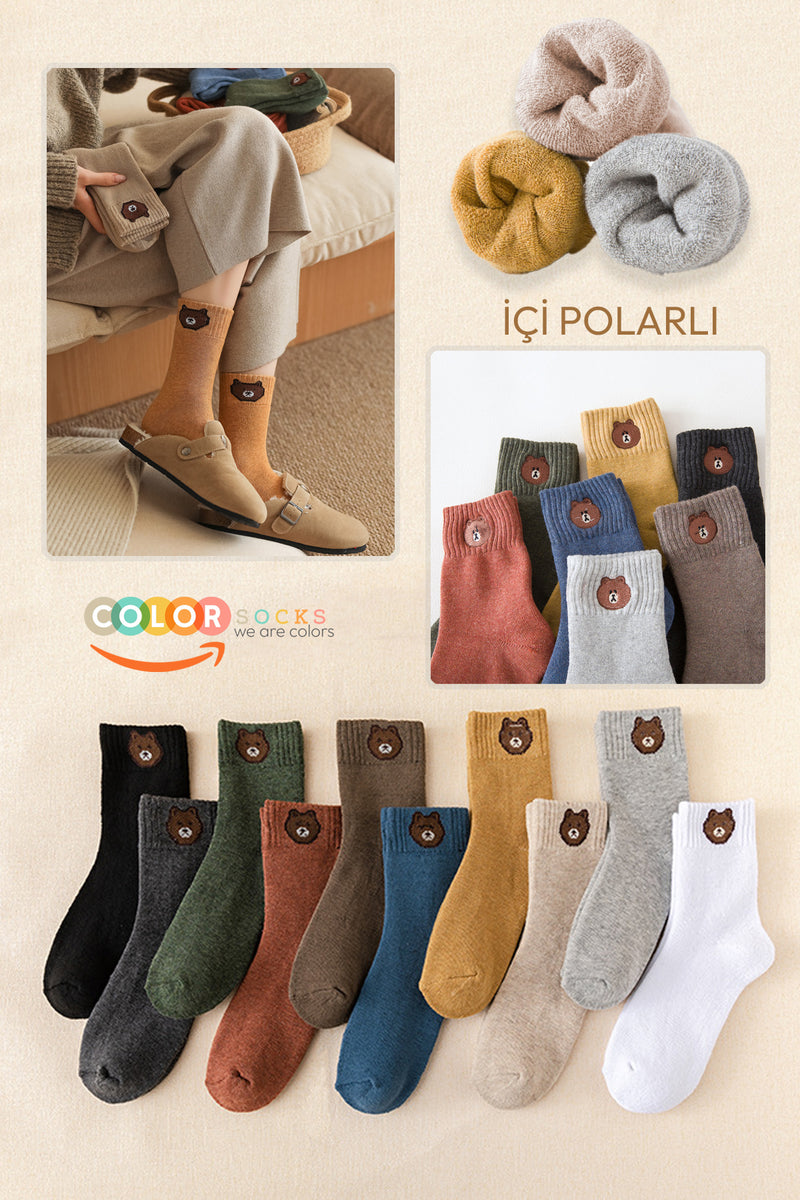 Color Socks 5 Çift İçi Polarlı Teddy Desenli Kadın Havlu Termal Çorap Çok Renkli