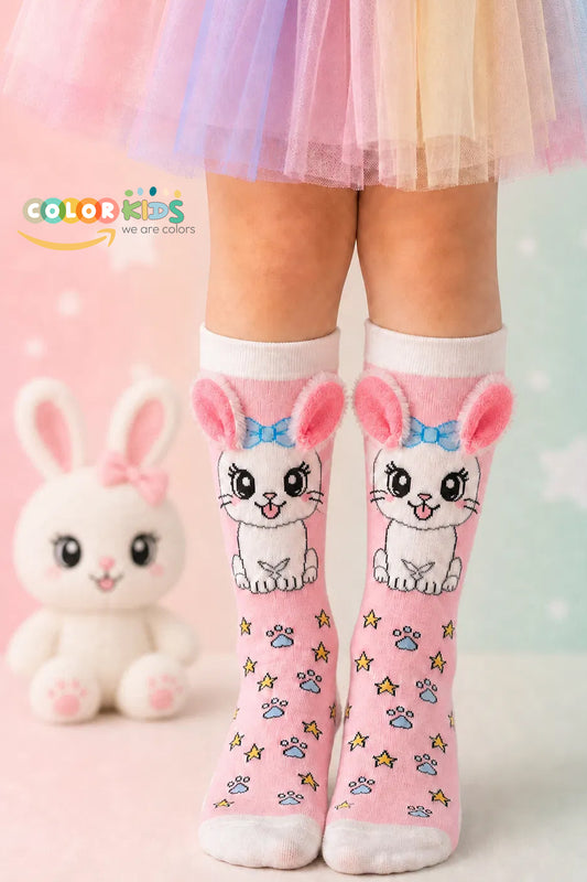 Color Socks 🌞 1 Çift Kedi Peluş Pembe Renk Kulaklı Çocuk Çorap (Topuksuz) Pembe