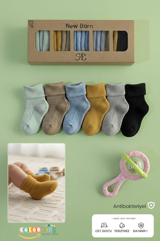 Color Socks 🍼 6 Çift Erkek Bebek Yeni Doğan Organik Kutulu Çorap Çok Renkli