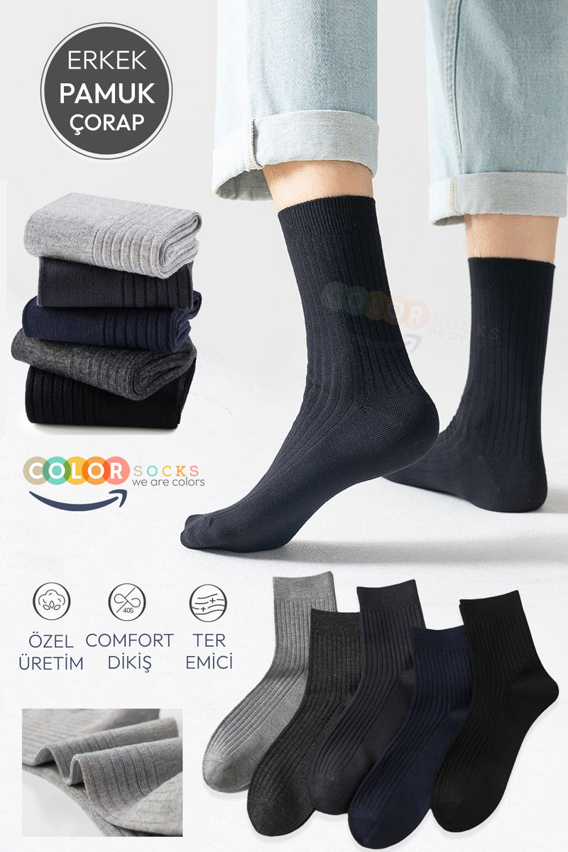 Color Socks 5 Çift Erkek Çorap Basic Fitilli Pamuk Soket (YAZLIK ÇORAP) Çok Renkli