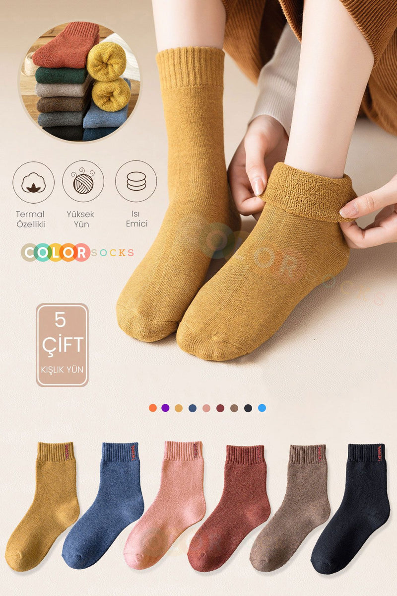 Color Socks 5 Çift Termal Kadın Havlu Kışlık Çorap (ISI EMİCİ) Karışık