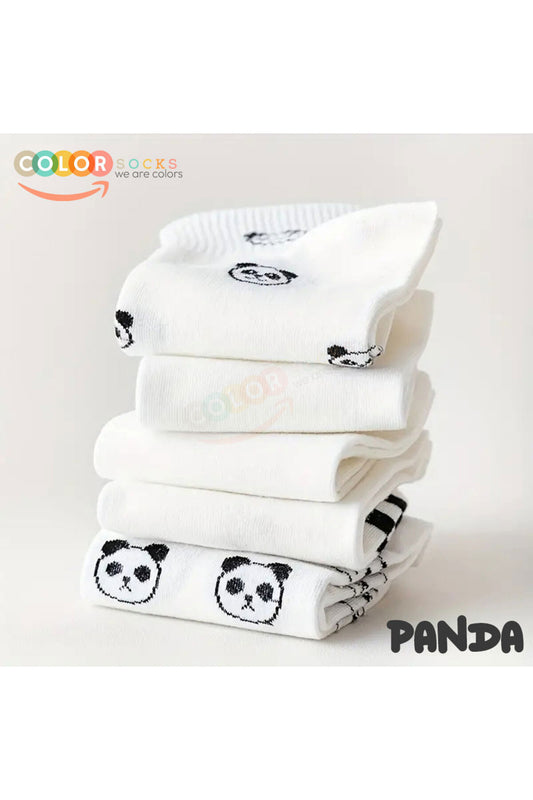 Color Socks 5 Çift Beyaz Panda Desenli Yarım Kolej Kadın Çorap Seti Beyaz