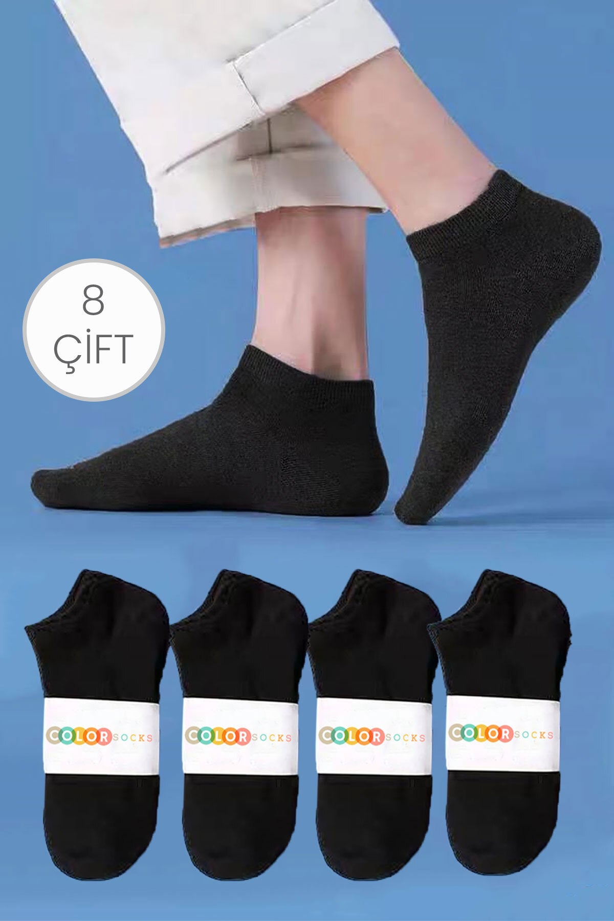 Color Socks 8 Çift Siyah Unisex Spor Yazlık Patik Spor Çorapları Siyah