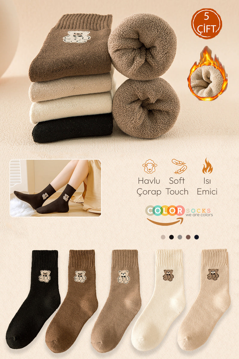 Color Socks 5 Çift Havlu Teddy Desenli Kışlık Kadın Çorap (Isı Emici) Çok Renkli