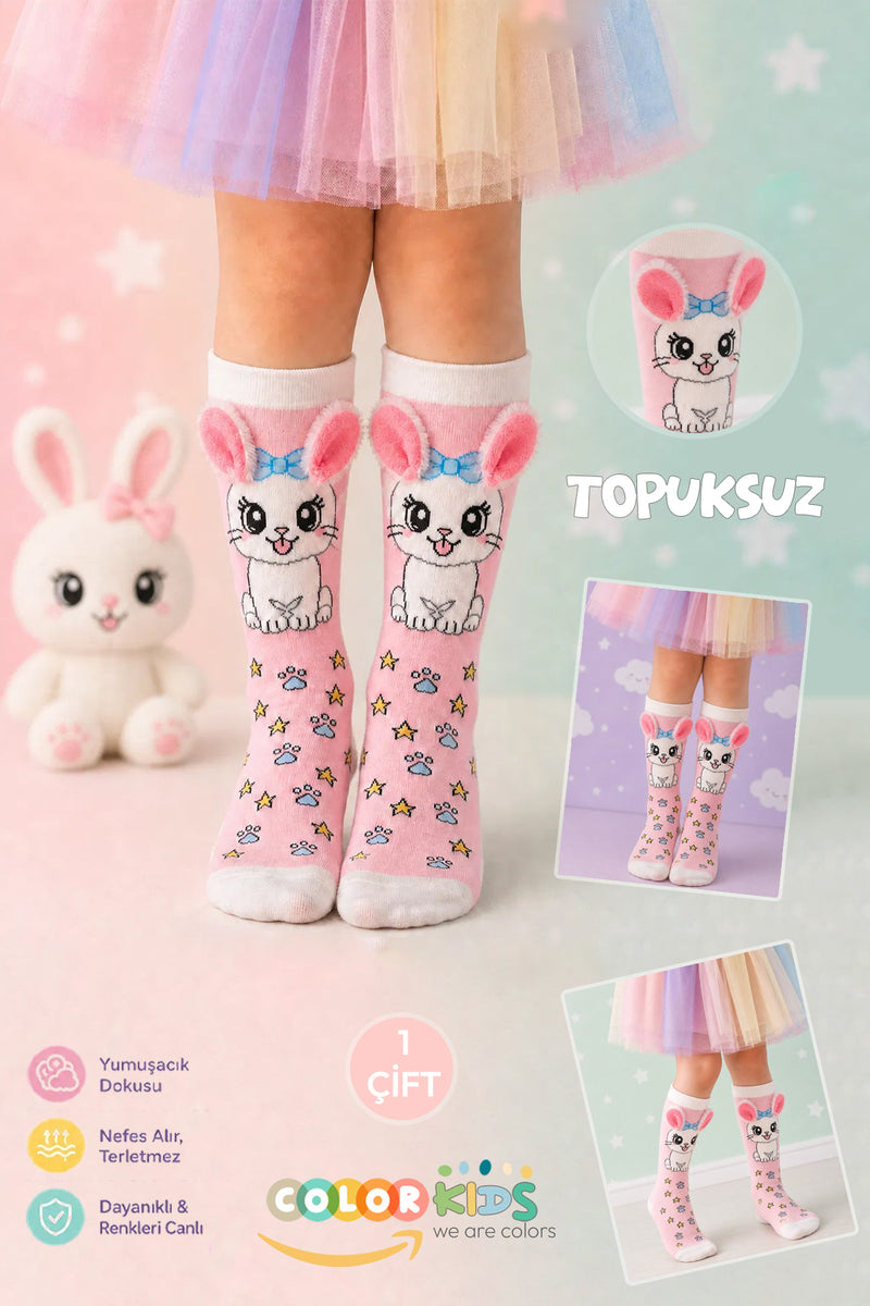Color Socks 🌞 1 Çift Kedi Peluş Pembe Renk Kulaklı Çocuk Çorap (Topuksuz) Pembe