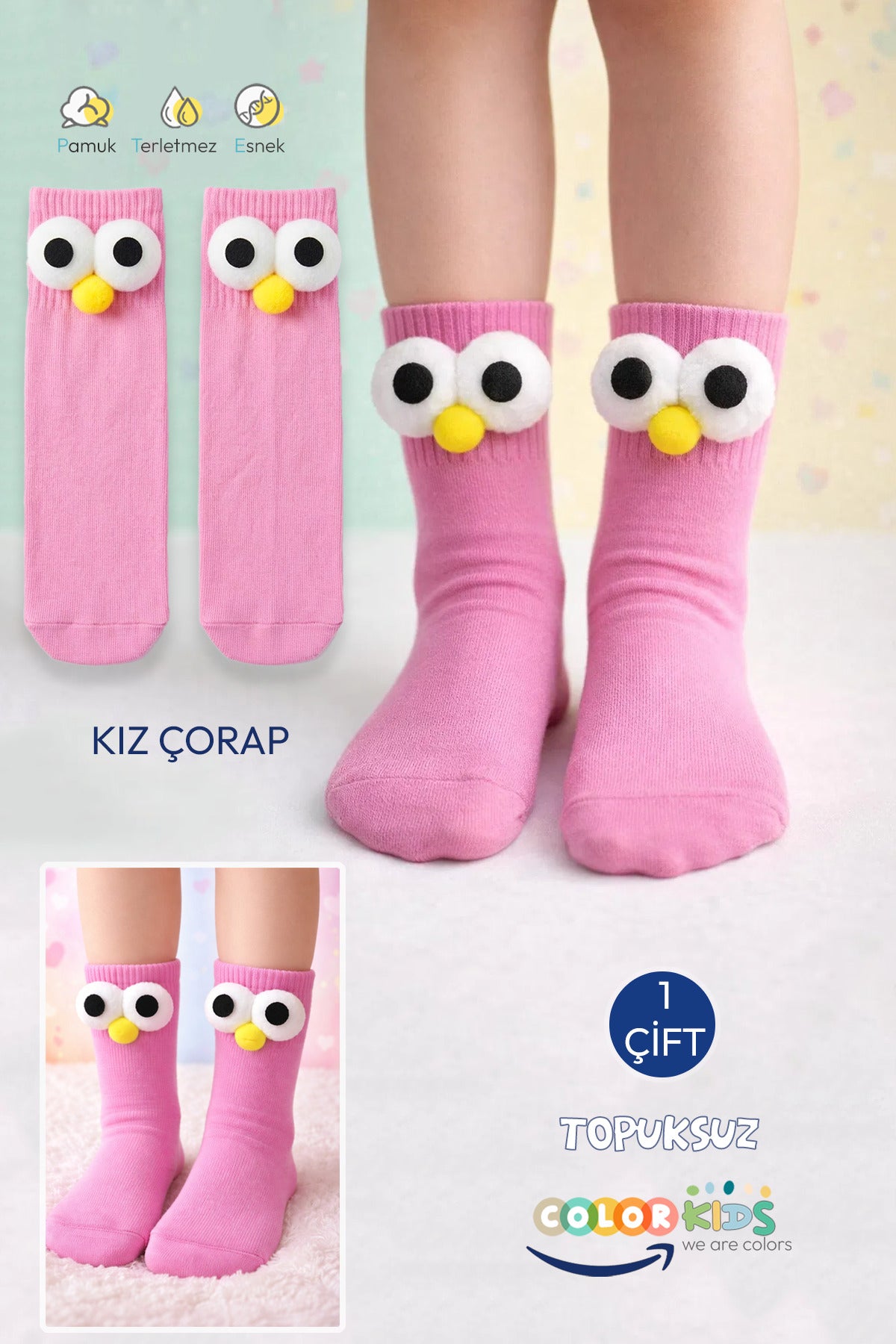 Color Socks 1 Çift Ponpon Gözlü Çocuk Kolej Çorap (Topuksuz) Pembe
