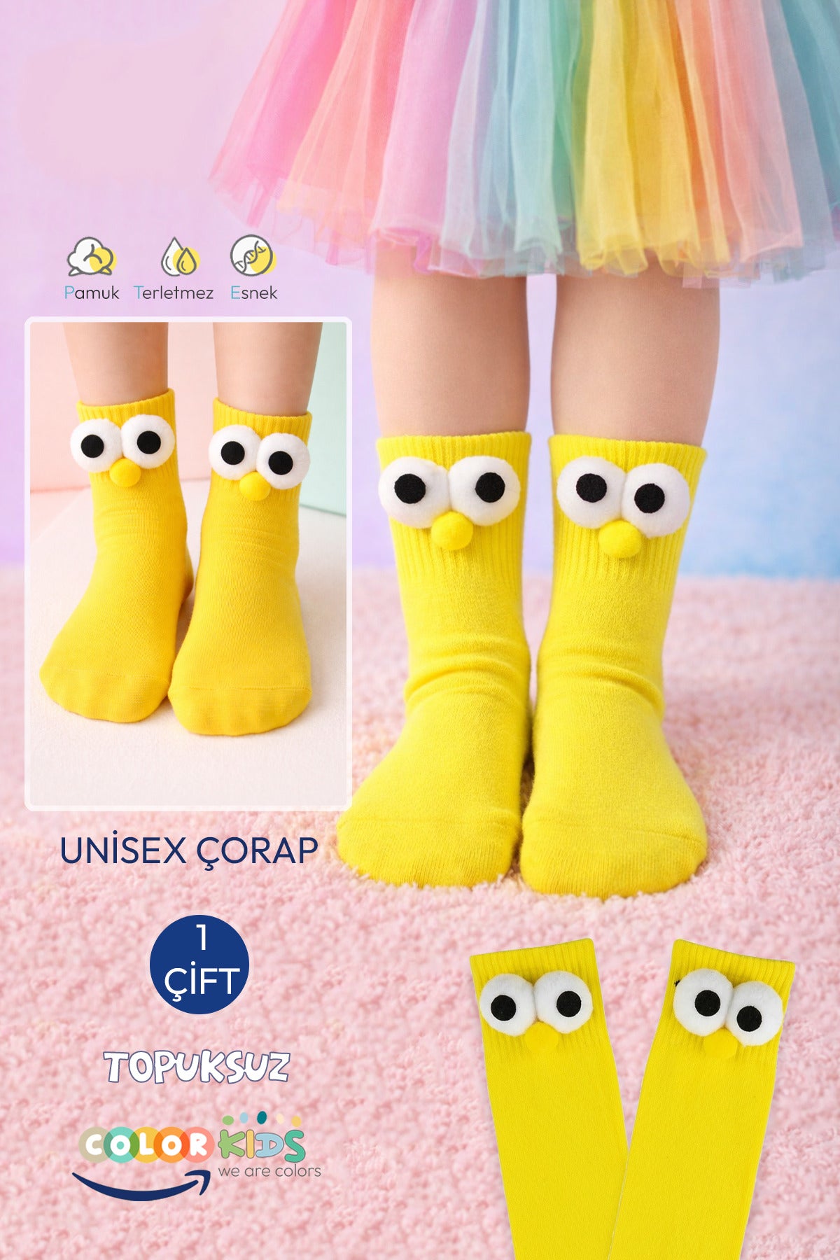 Color Socks 1 Çift Ponpon Gözlü Çocuk Kolej Çorap (Topuksuz) Sarı