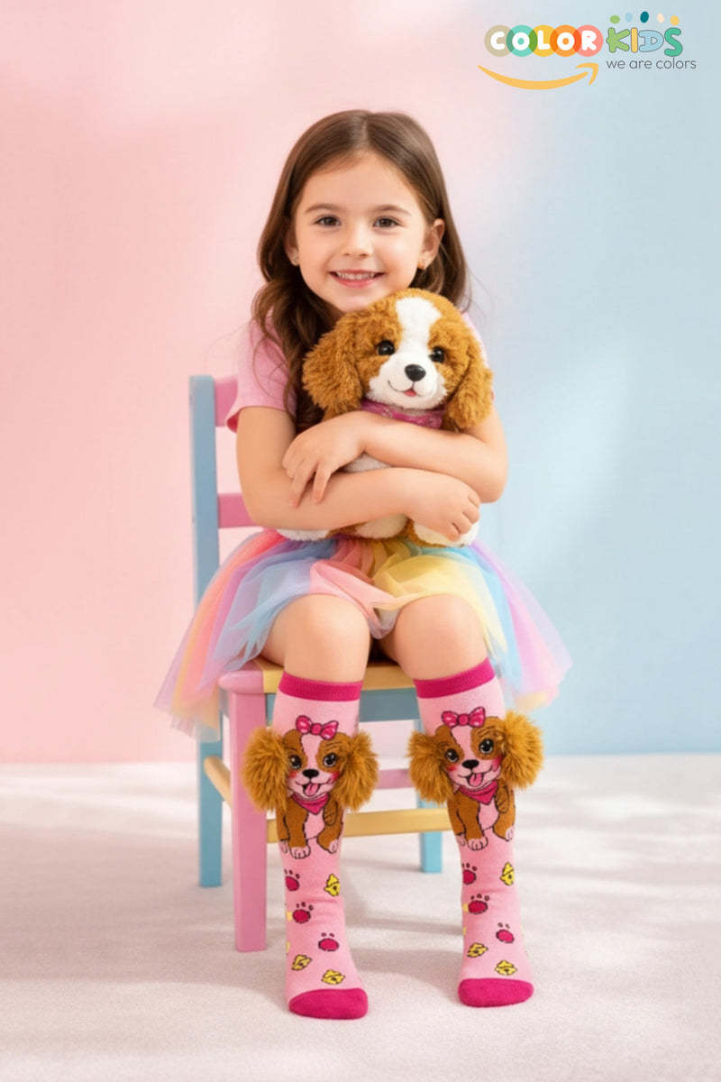 Color Socks 💓 1 Çift Peluş Kulaklı Köpek Desenli Kız Çocuk Oyuncak Çorap (Topuksuz) Pembe