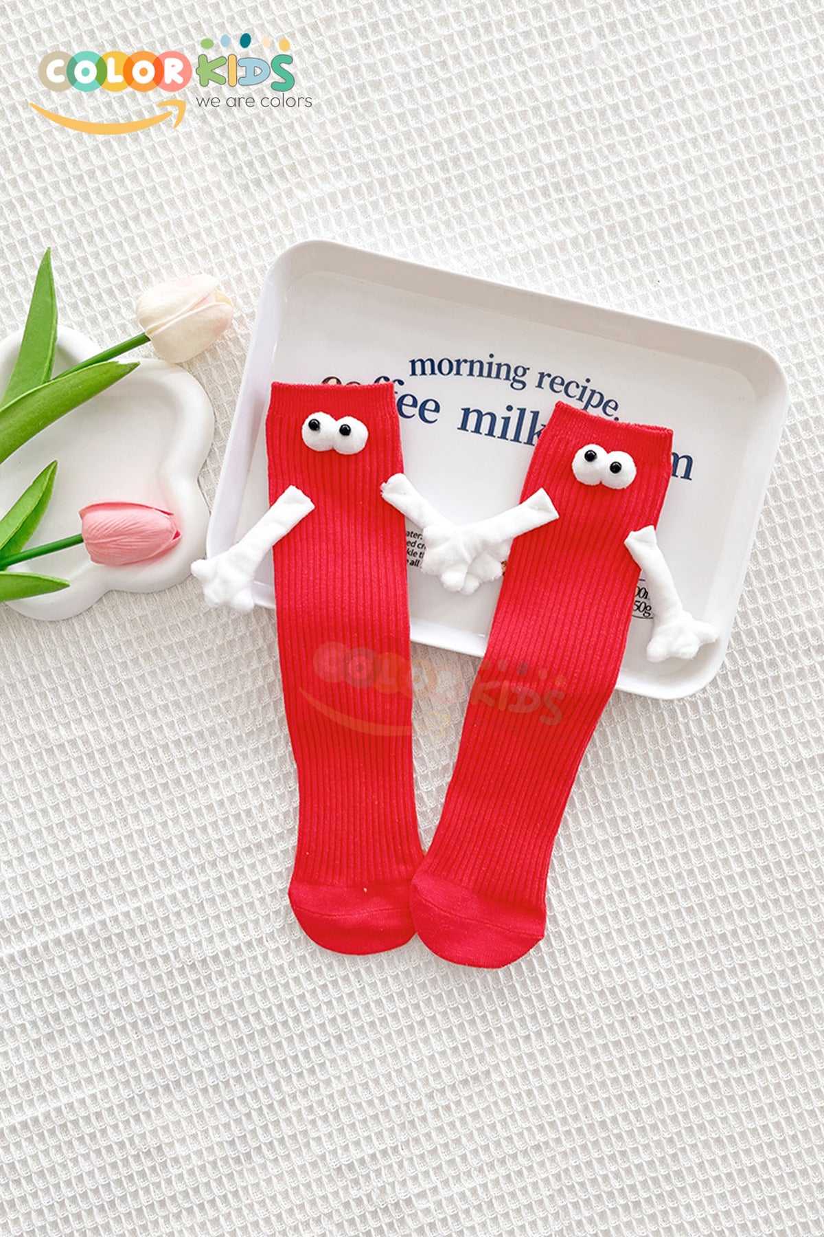 Color Socks Kırmızı Çocuk Mıknatıslı El Ele Tutuşan Çoraplar (Topuksuz) Kırmızı