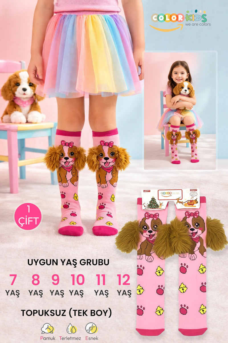 Color Socks 💓 1 Çift Peluş Kulaklı Köpek Desenli Kız Çocuk Oyuncak Çorap (Topuksuz) Pembe