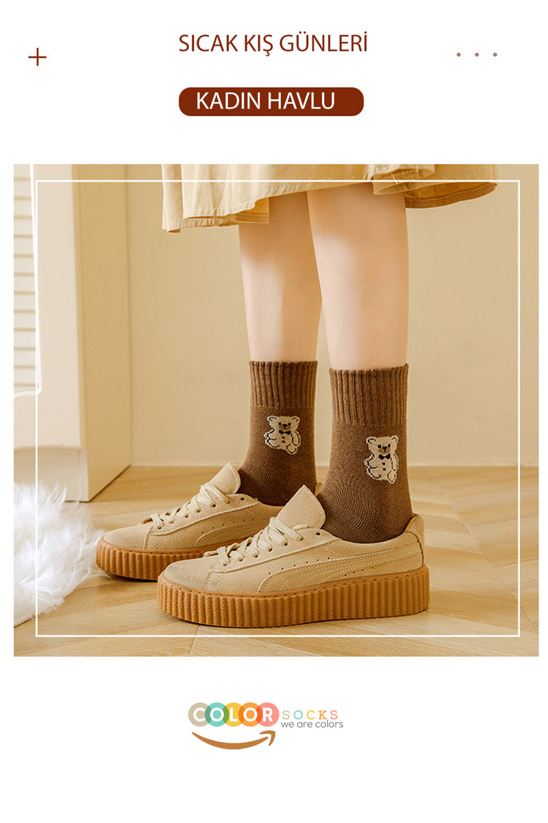 Color Socks 5 Çift Havlu Teddy Desenli Kışlık Kadın Çorap (Isı Emici) Çok Renkli