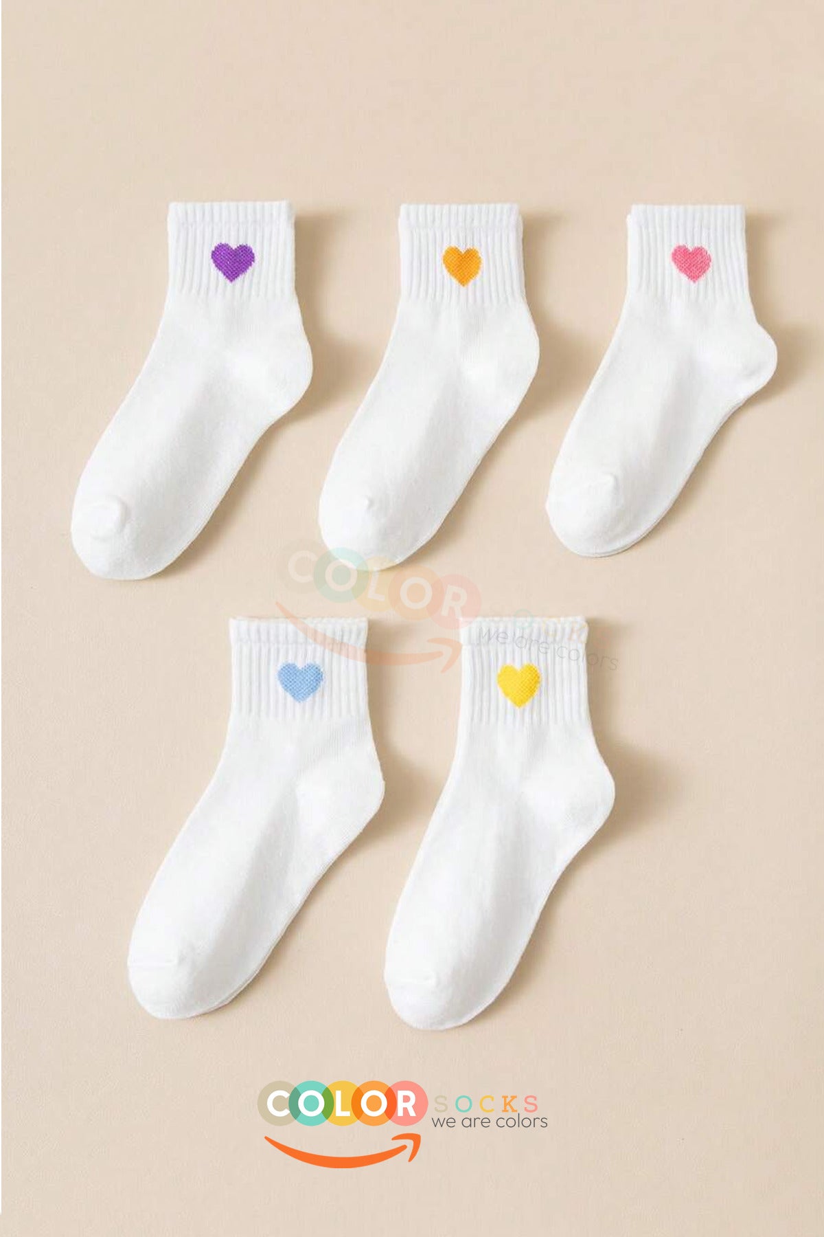 Color Socks 5 Çift Beyaz Renkli Kalp Desenli Kadın Çorap (Extra Soft) Beyaz