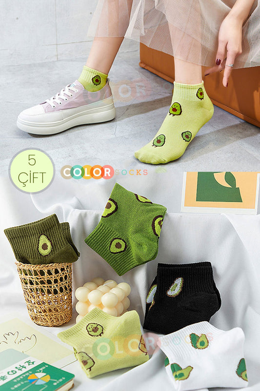 Color Socks 5 Çift Sevimli Avakadolar Kadın Çorap Seti (ANTİBAKTERİYEL) Çok Renkli