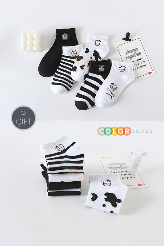 Color Socks 5 Çift Sevimli Inek Desenli Yarım Konç Kadın Çorap Çok Renkli