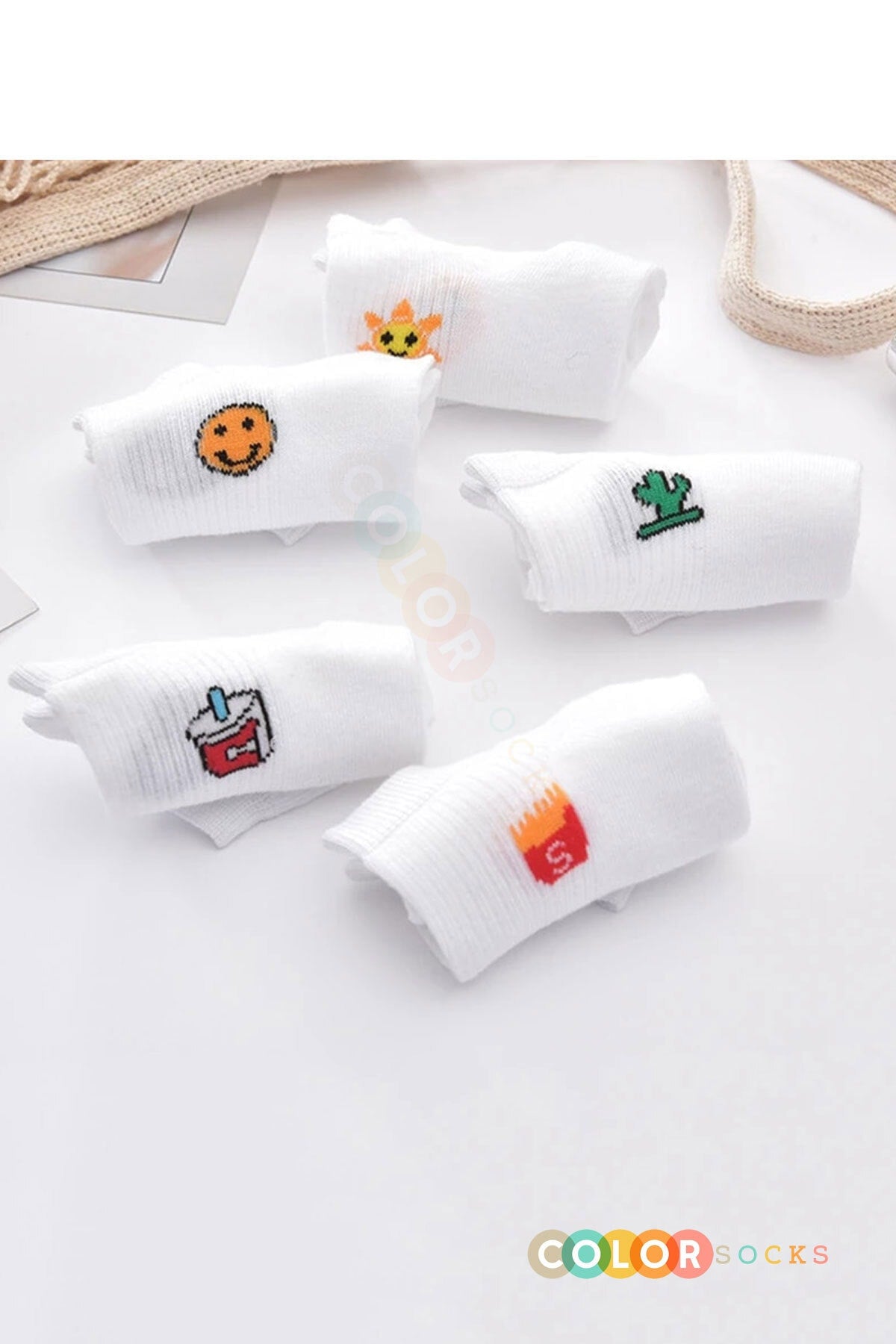 Color Socks 5 Çift Eğlenceli Desenli Kadın Çorap Seti Beyaz