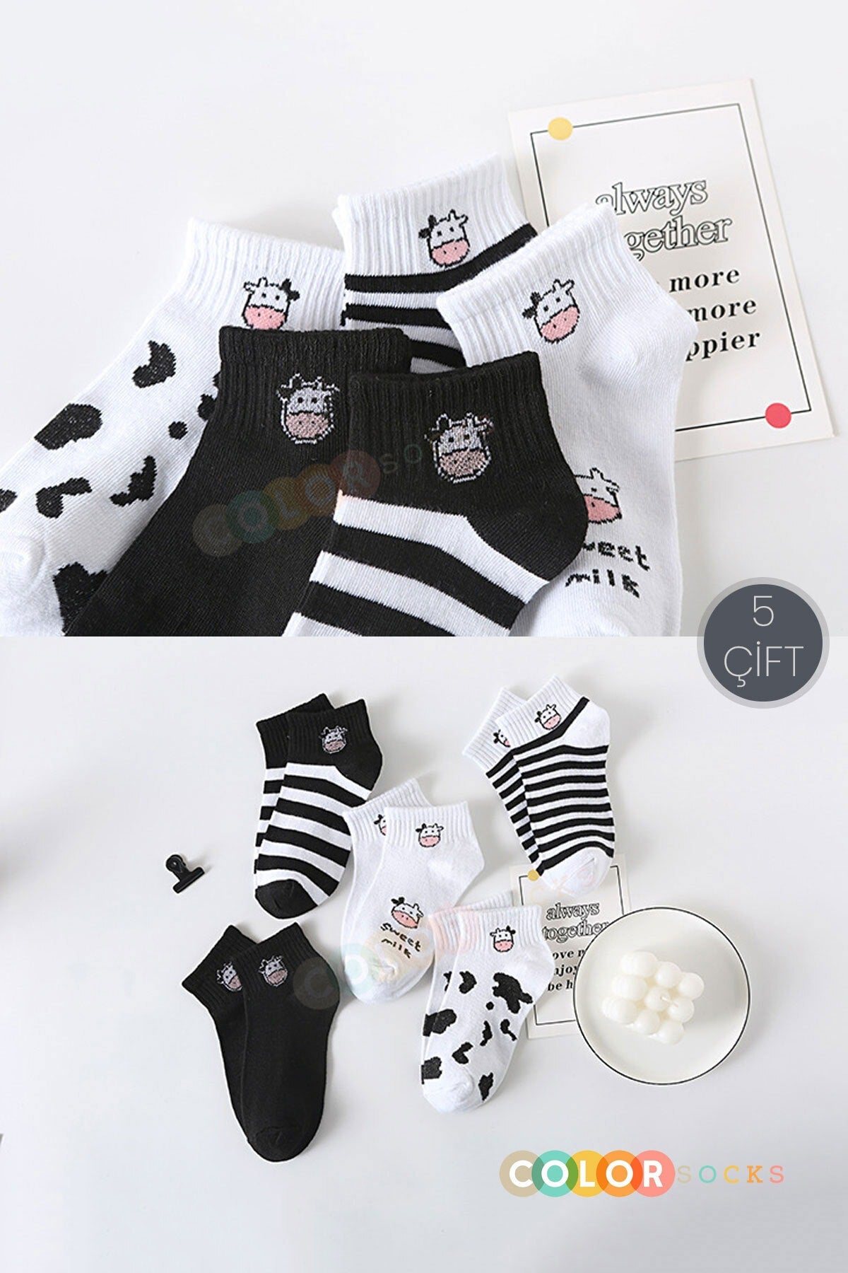 Color Socks 5 Çift Sevimli Inek Desenli Yarım Konç Kadın Çorap Çok Renkli
