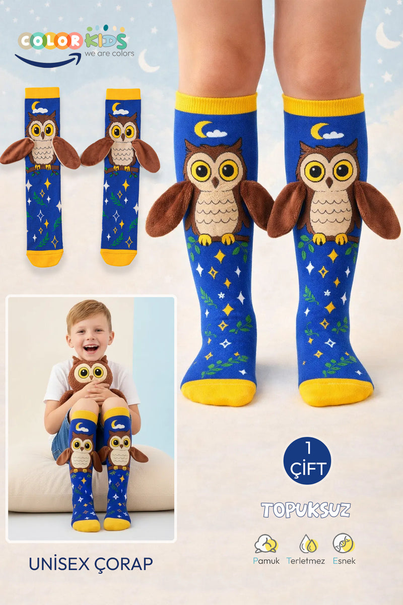 Color Socks 🦉 1 Çift Baykuş Peluş Kanatlı Unisex Çocuk Çorap (Topuksuz) Lacivert