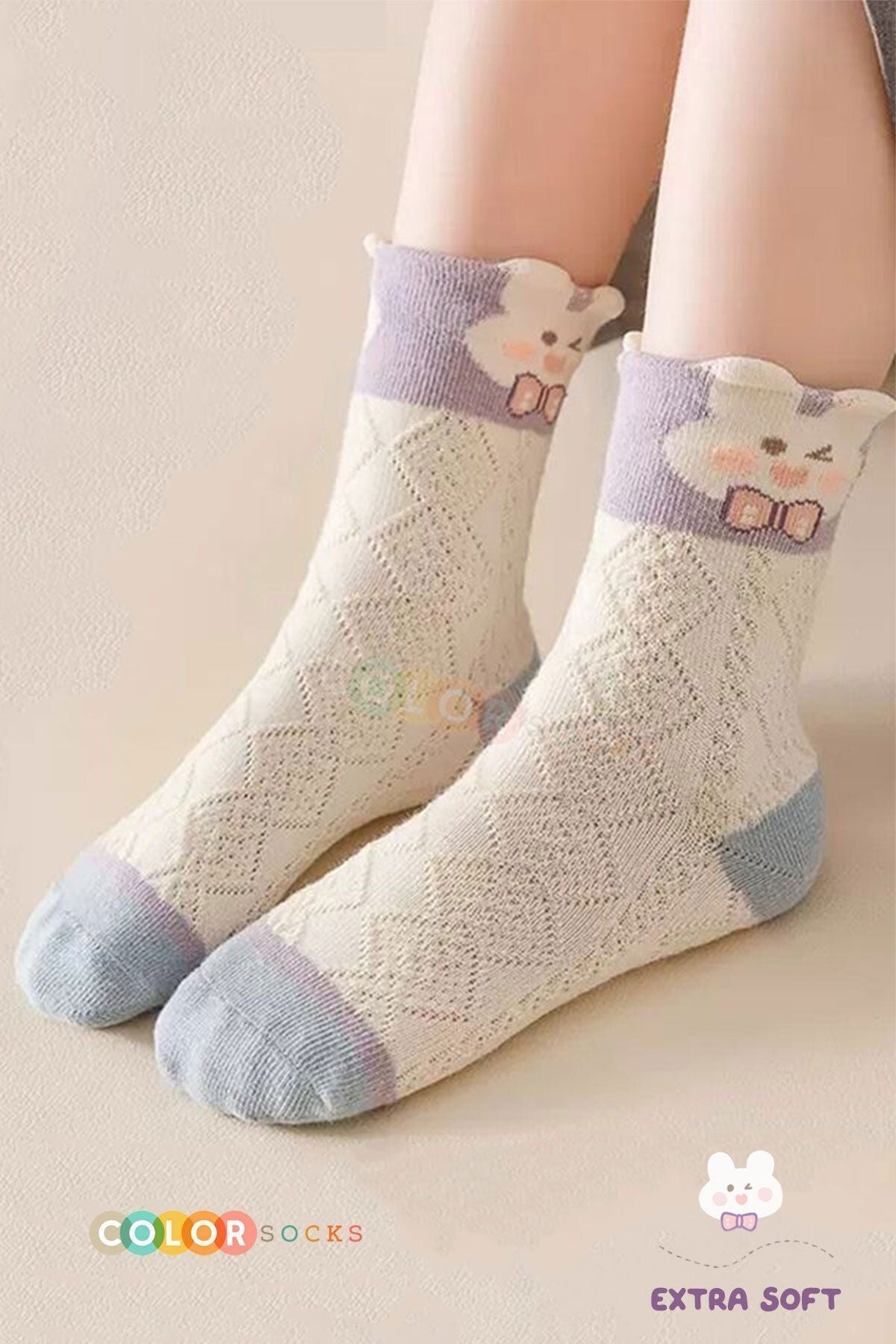 Color Socks 5 Çift Fırfır Tavşan Desenli Kız Çocuk Çorap Seti (TERLETMEZ) Karışık