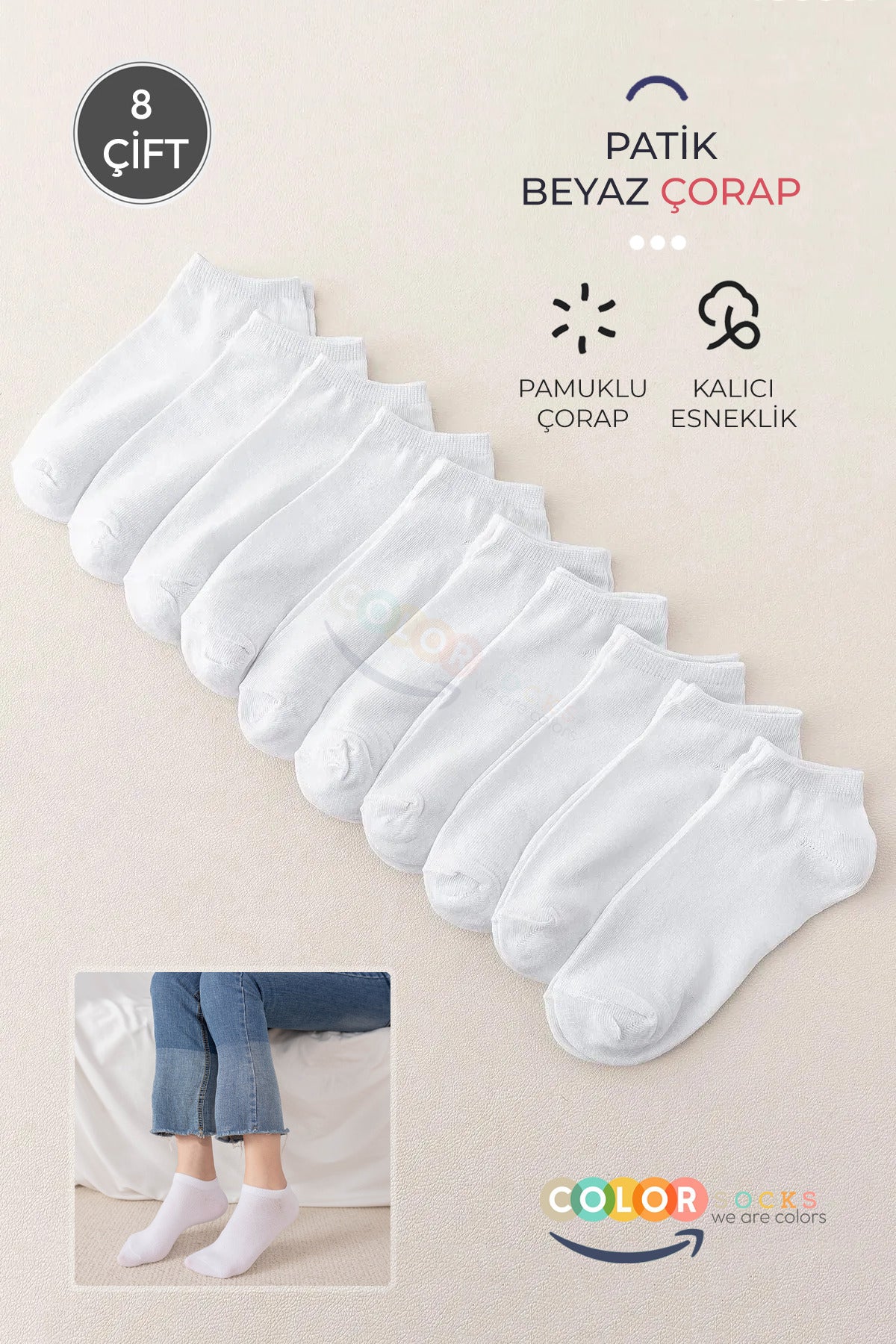 Color Socks 8 Çift Kadın Düz Beyaz Bilek Boy Patik Çorap Spor Ayakkabısı Çorabı Beyaz
