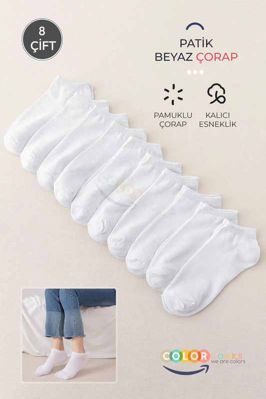 Color Socks 8 Çift Kadın Düz Beyaz Bilek Boy Patik Çorap Spor Ayakkabısı Çorabı Beyaz