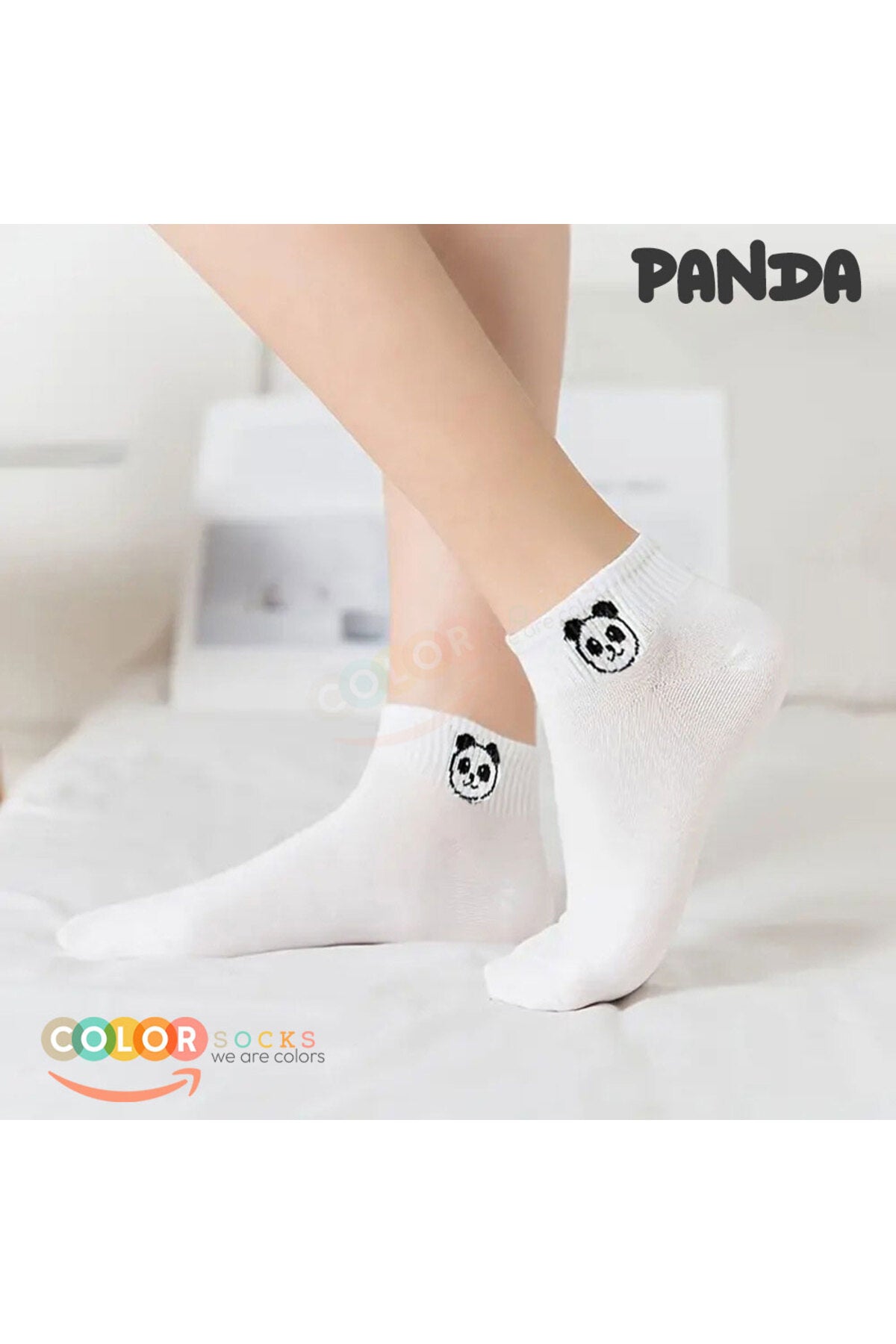 Color Socks 5 Çift Beyaz Panda Desenli Yarım Kolej Kadın Çorap Seti Beyaz