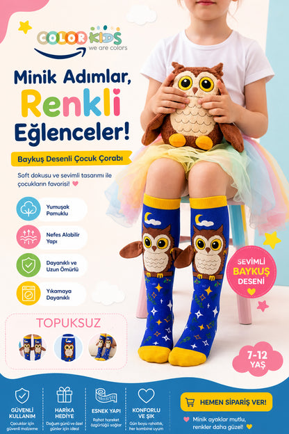 Color Socks 🦉 1 Çift Baykuş Peluş Kanatlı Unisex Çocuk Çorap (Topuksuz) Lacivert