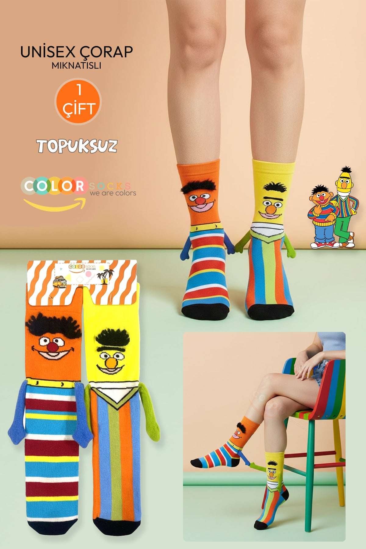 Color Socks 1 Çift Edi İle Büdü Desenli Tüylü Unisex Çorap (Topuksuz) Mıknatıslı El Ele Tutuşan Çok Renkli