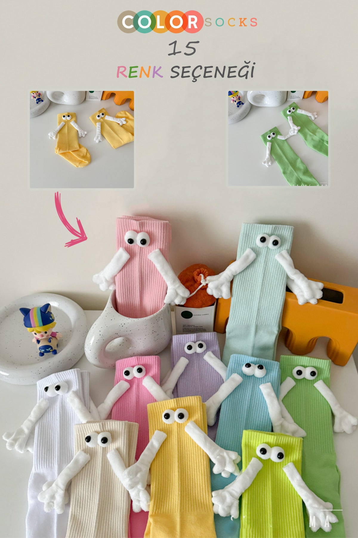 Color Socks 1 Çift El Ele Tutuşan Gözlü Mıknatıslı Çorap Seti (UNİSEX) Karışık