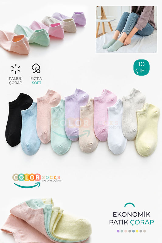 Color Socks 10 Çift Patik Kadın Ekonomik Pamuk Esnek Çorap Seti Çok Renkli
