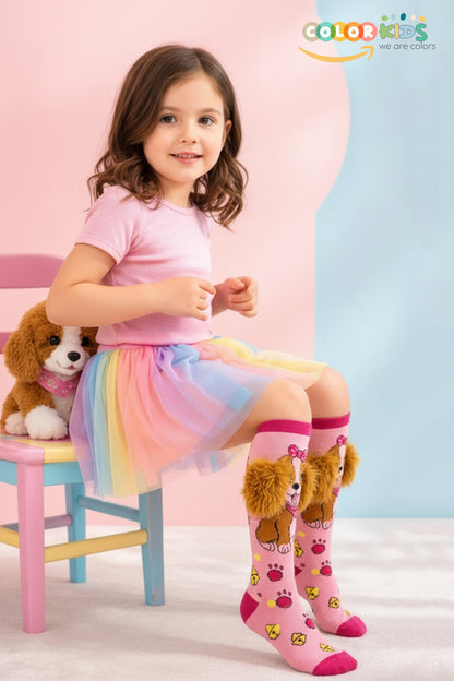 Color Socks 💓 1 Çift Peluş Kulaklı Köpek Desenli Kız Çocuk Oyuncak Çorap (Topuksuz) Pembe