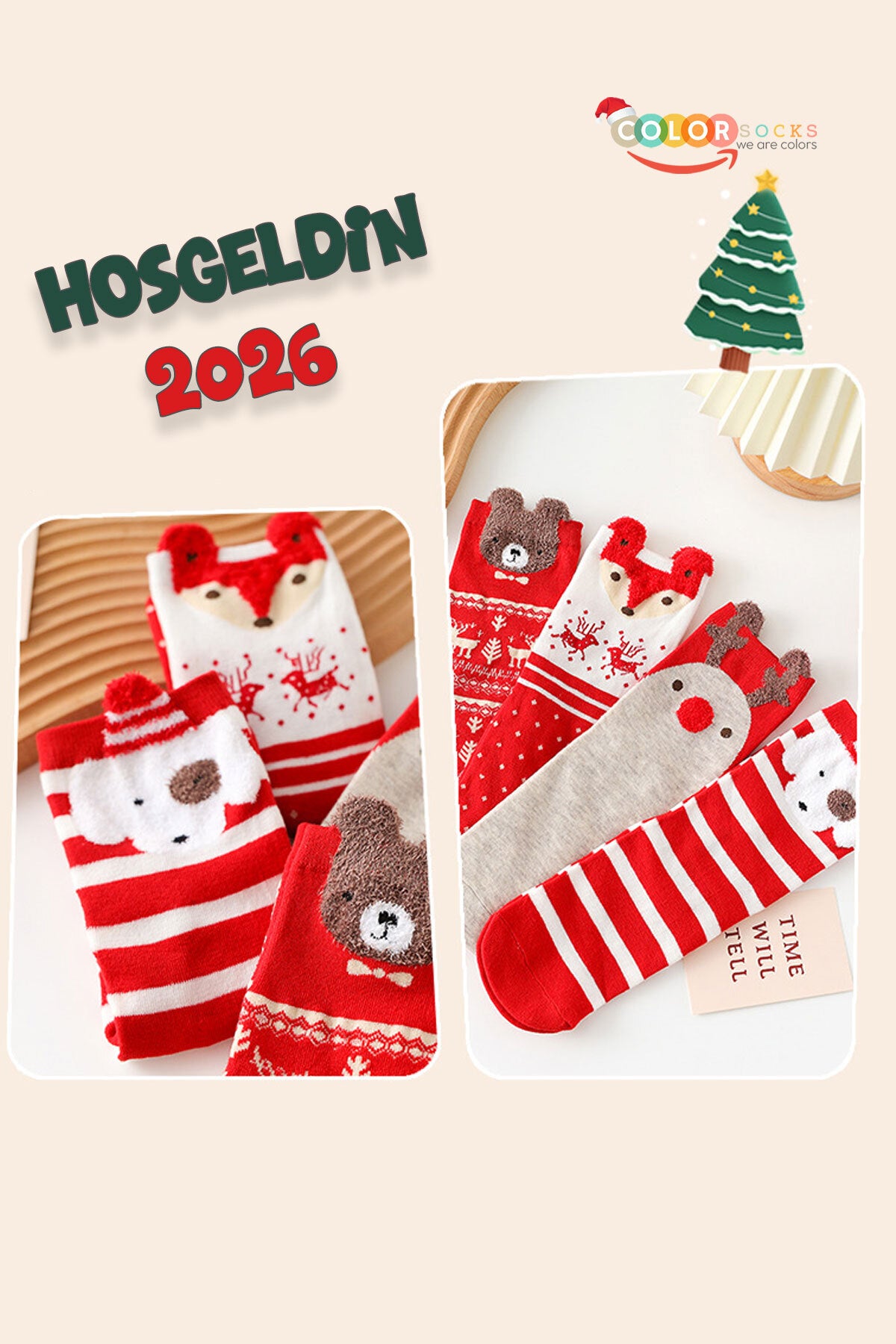 Color Socks 4 Çift Yılbaşı Kutulu Tüylü Hediye Çorap Seti (Topuksuz) Çok Renkli