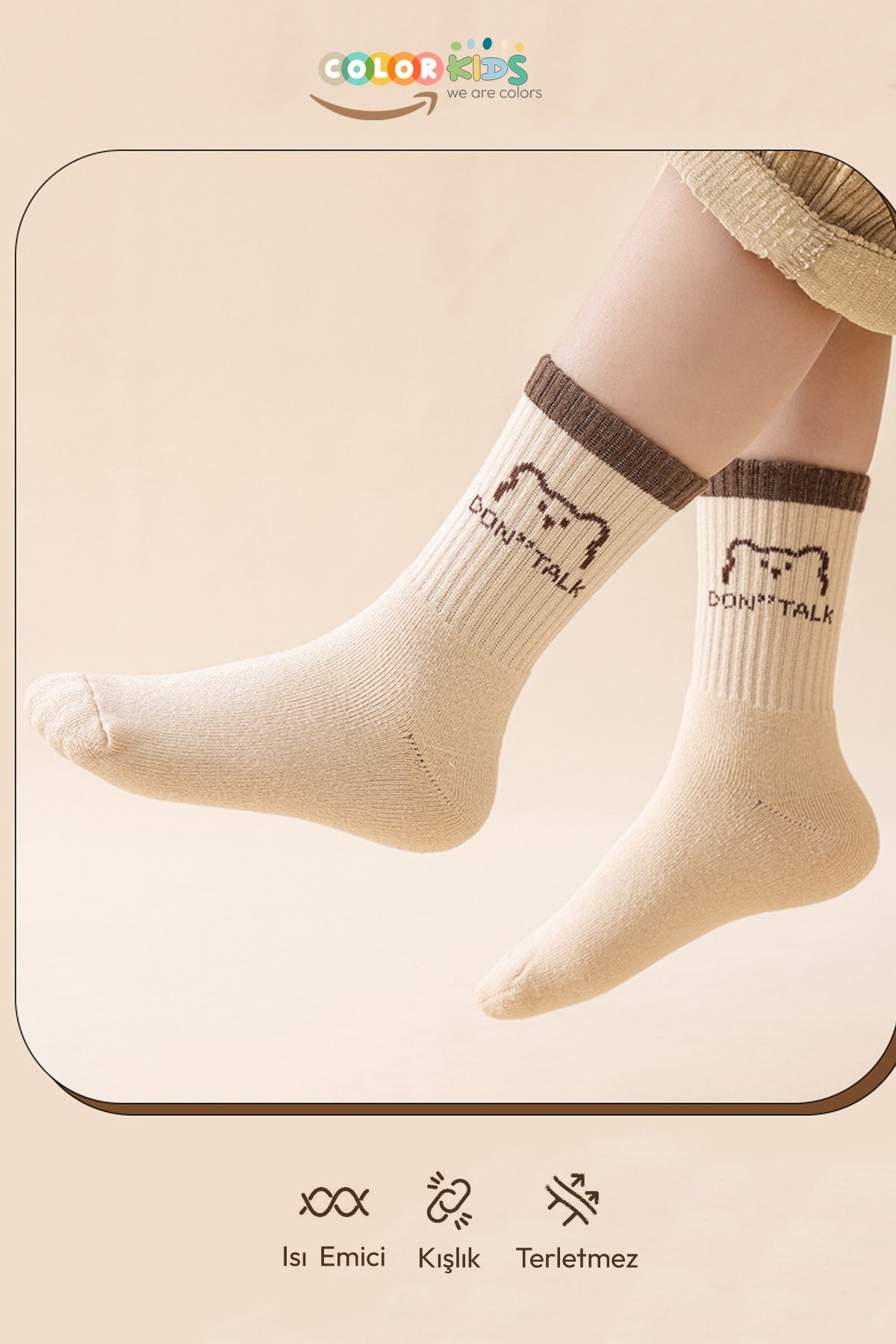 Color Socks 5 Çift Ayıcık Desenli Çocuk İçi Polarlı Kışlık Havlu Çorap (Unisex) Çok Renkli