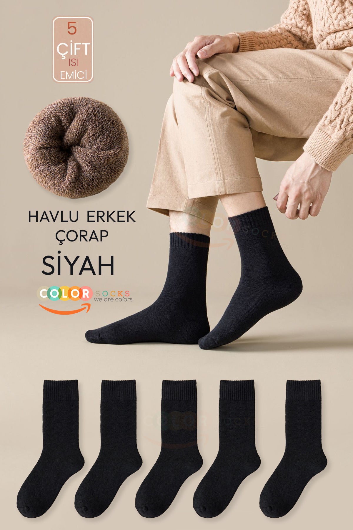 Color Socks 5'li Siyah Renk Erkek Kalın Kışlık Çorap Seti (ISI EMİCİ) Çok Renkli