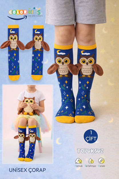 Color Socks 🦉 1 Çift Baykuş Peluş Kanatlı Unisex Çocuk Çorap (Topuksuz) Lacivert
