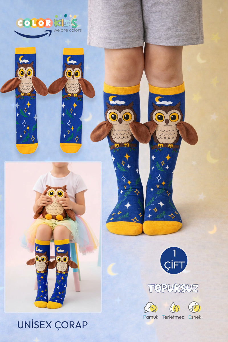 Color Socks 🦉 1 Çift Baykuş Peluş Kanatlı Unisex Çocuk Çorap (Topuksuz) Lacivert