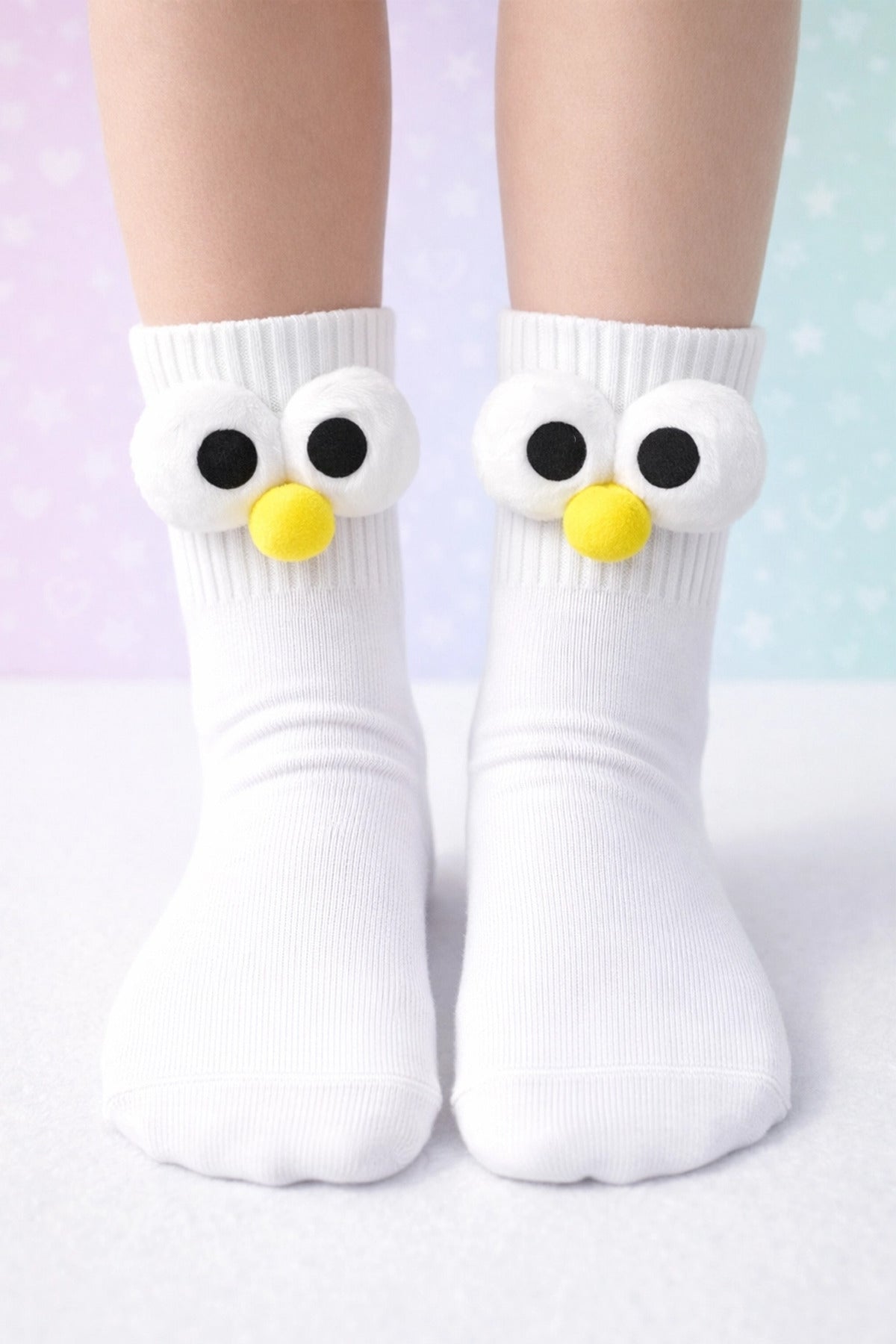 Color Socks 1 Çift Ponpon Gözlü Çocuk Kolej Çorap (Topuksuz) Beyaz