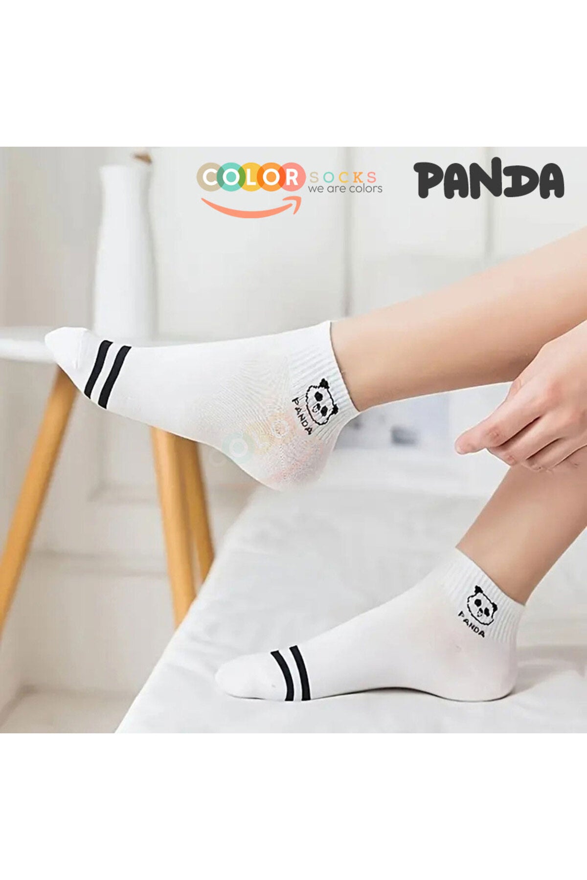 Color Socks 5 Çift Beyaz Panda Desenli Yarım Kolej Kadın Çorap Seti Beyaz