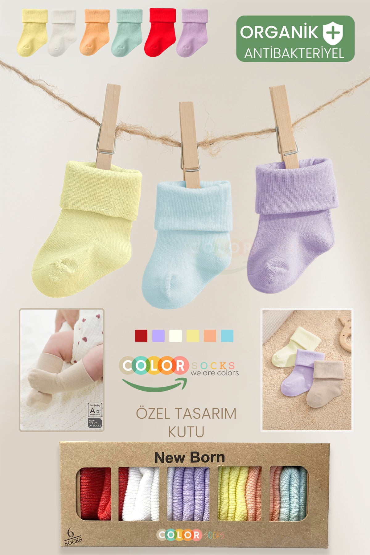 Color Socks 🍼 6 Çift Kutulu Organik Bebek Çorap Seti (Soft Touch) Çok Renkli