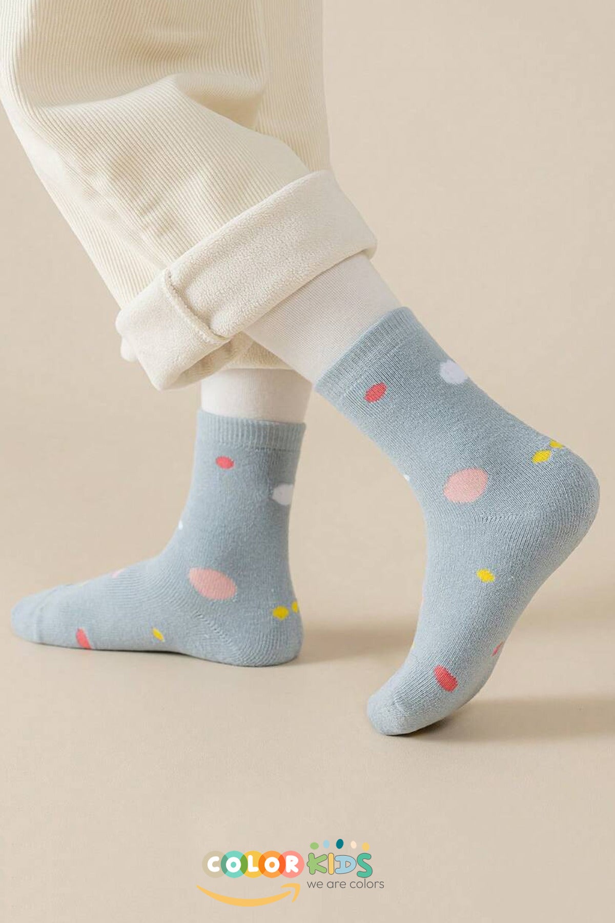 Color Socks 5 Çift Puantiyeli Desenli Kız Çocuk İçi Polarlı Kışlık Çorap Çok Renkli