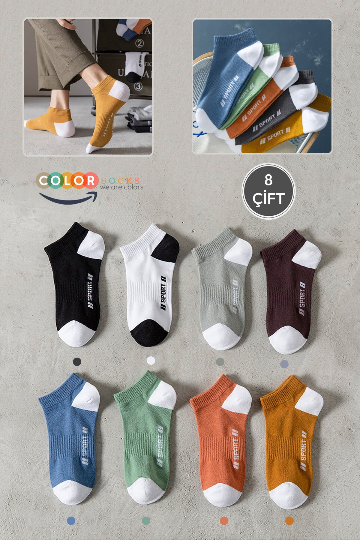 Color Socks 8 Çift Yazlık Erkek Sport Erkek Çorap (NEFES ALABİLEN) Çok Renkli