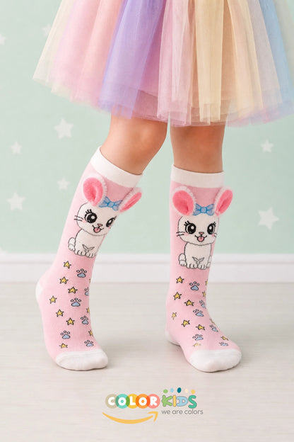 Color Socks 🌞 1 Çift Kedi Peluş Pembe Renk Kulaklı Çocuk Çorap (Topuksuz) Pembe