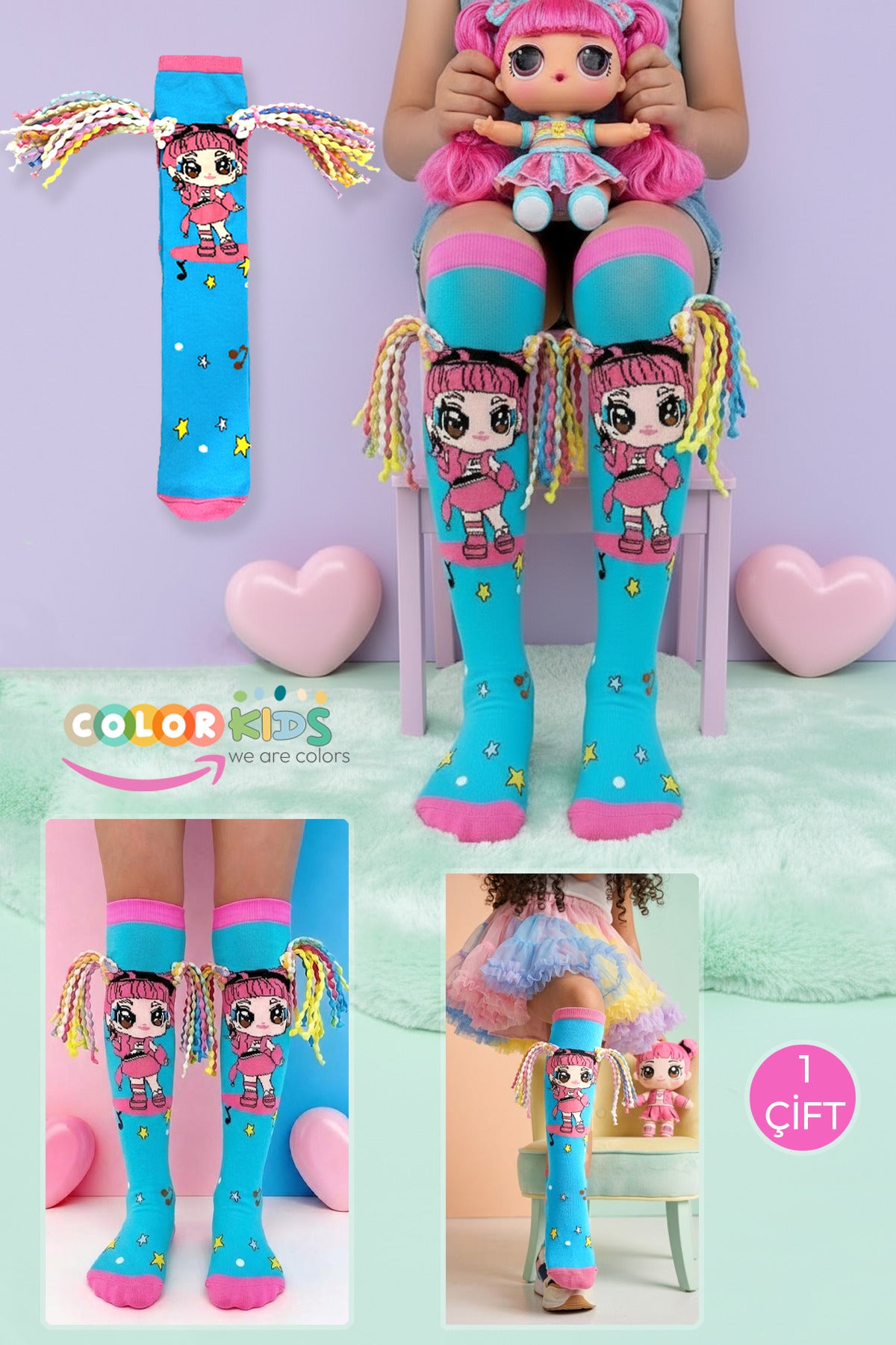 Color Socks 🎉1 Çift Örgü Saç Desenli Animasyon Kız Çocuk Çorap (Topuksuz) Turkuaz