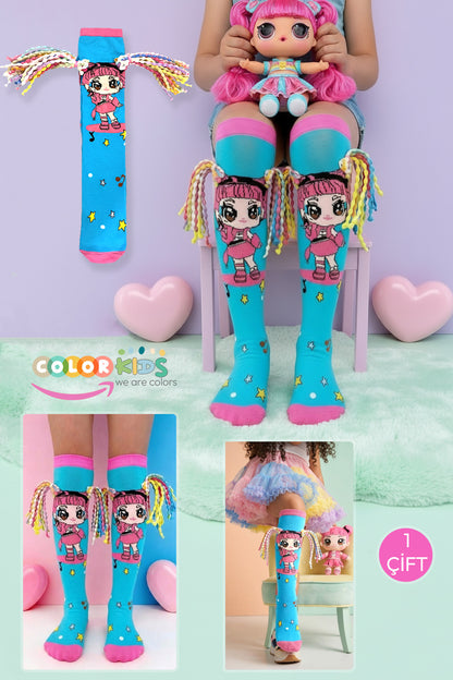 Color Socks 🎉1 Çift Örgü Saç Desenli Animasyon Kız Çocuk Çorap (Topuksuz) Turkuaz