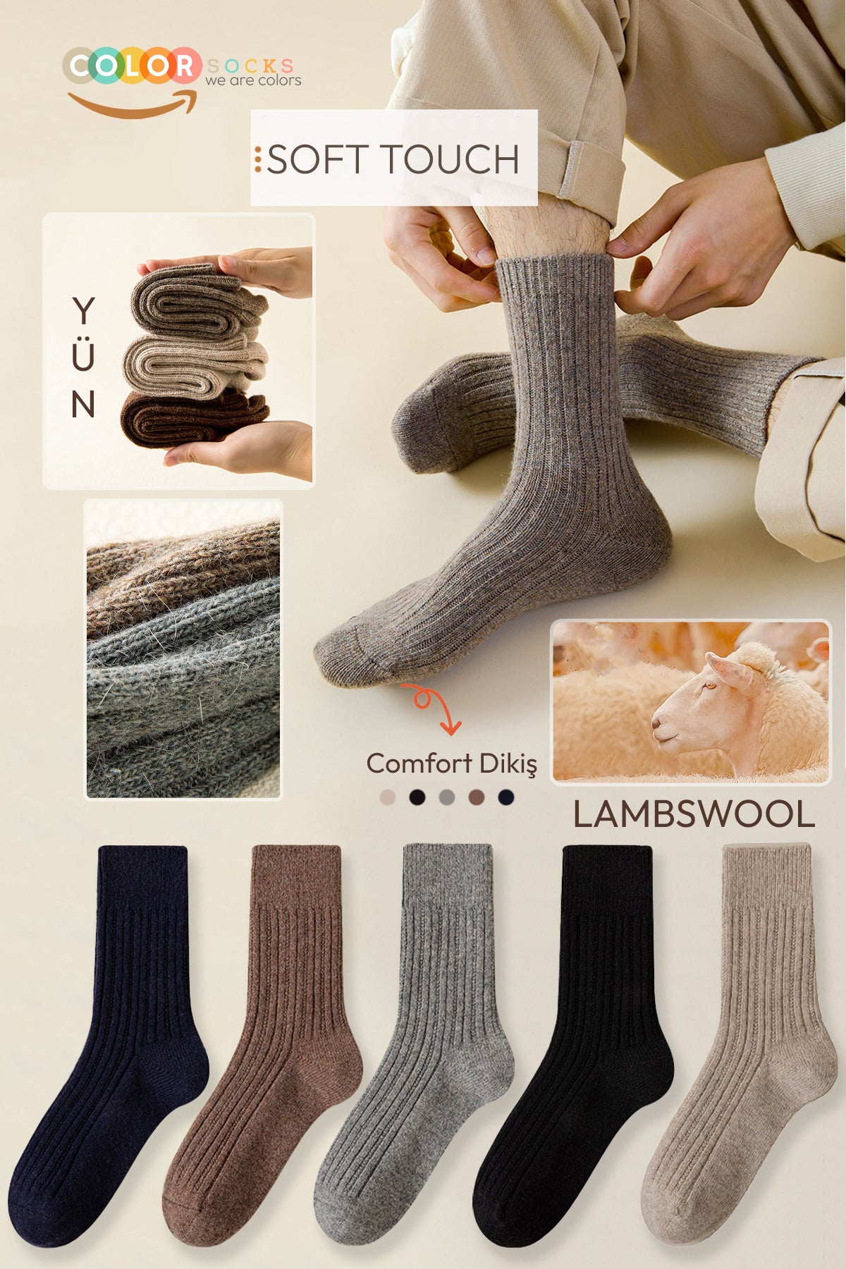 Color Socks 5 Çift Erkek Orjinal Yün Soft Touch Lambswool Çorap Çok Renkli