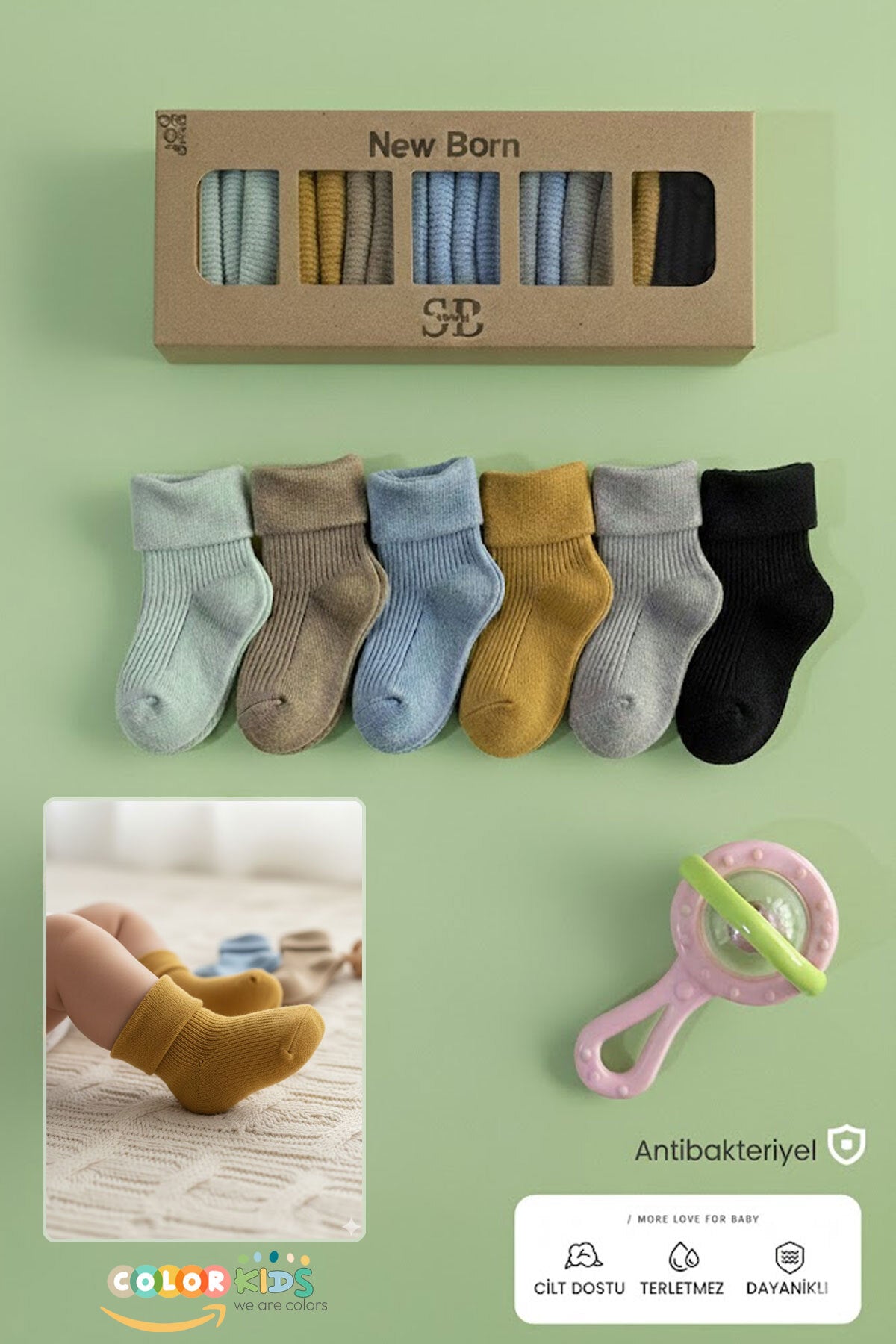 Color Socks 🍼 6 Çift Erkek Bebek Yeni Doğan Organik Kutulu Çorap Çok Renkli