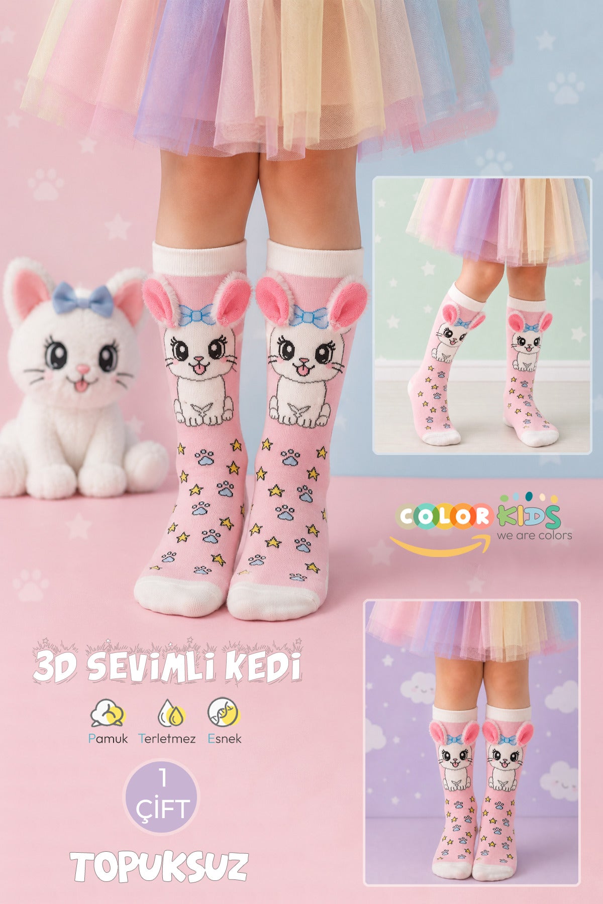 Color Socks 🌞 1 Çift Kedi Peluş Pembe Renk Kulaklı Çocuk Çorap (Topuksuz) Pembe