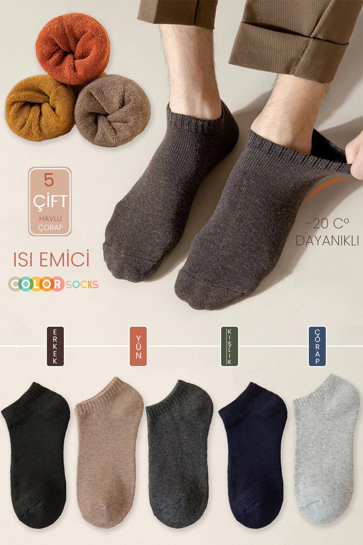 Color Socks 5'li Patik Kışlık Erkek Kalın Çorap Seti (ISI EMİCİ) Karışık