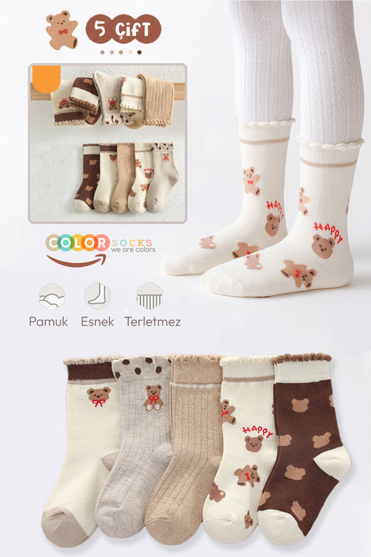 Color Socks 5 Çift Bear Desenli Kız Çocuk Çorap Seti (Extra Soft) Çok Renkli