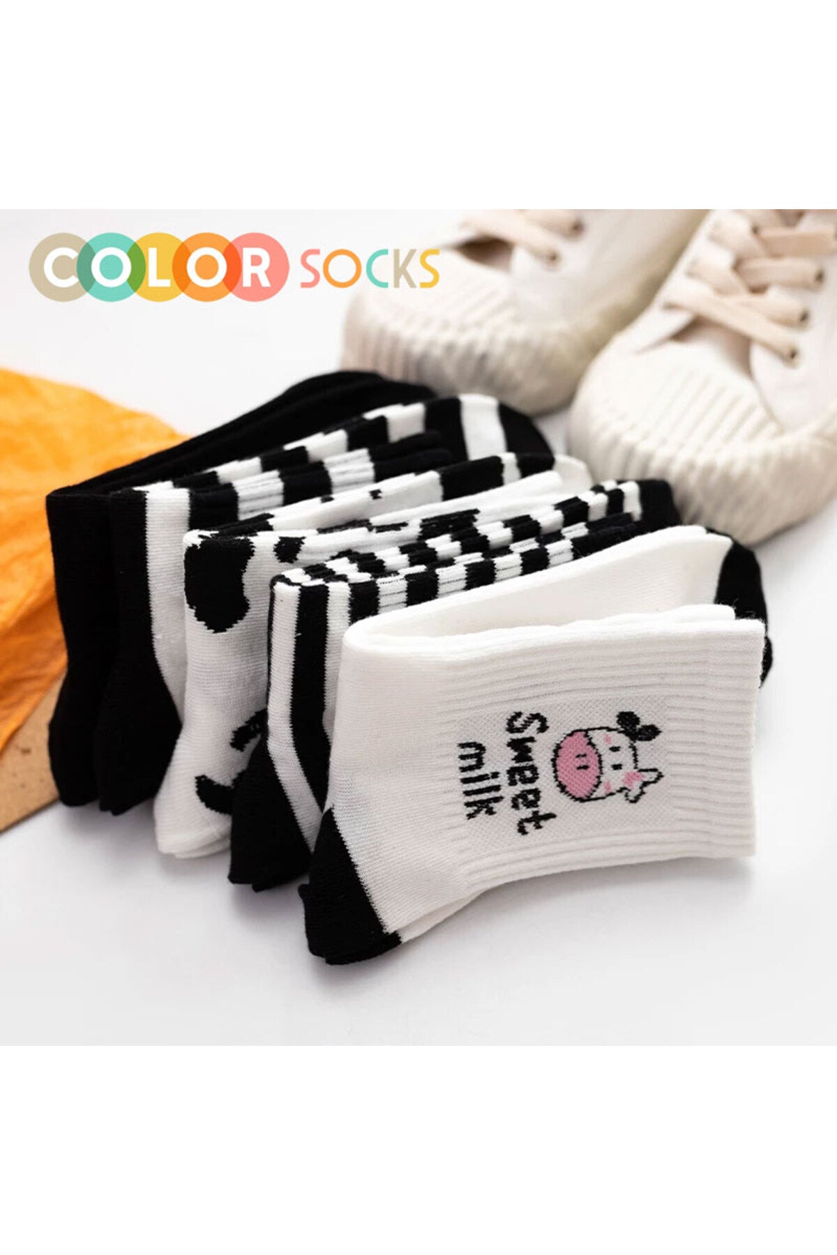 Color Socks 5 Çift Kadın Inek Desenli Çorap Beyaz Siyah