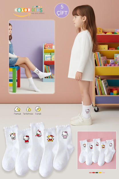 Color Socks 5 Çift Çocuk Fırfırlı Beyaz Çizgi Karakterli Desenli Çorap Beyaz